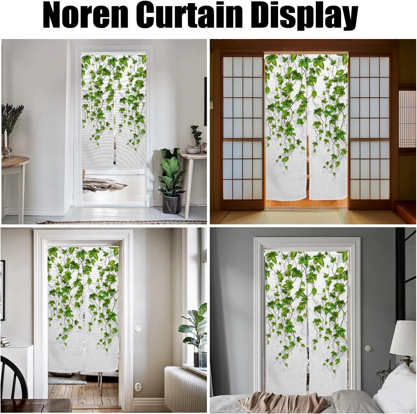 Boho Noren Doorway Curtain Japanese Long Spring Green Leave Pattern Printed Style Door Tapestry Single Side Window Treatment Panel for Home Room Divider Bistro Kitchen,33.5"x 70.9"
