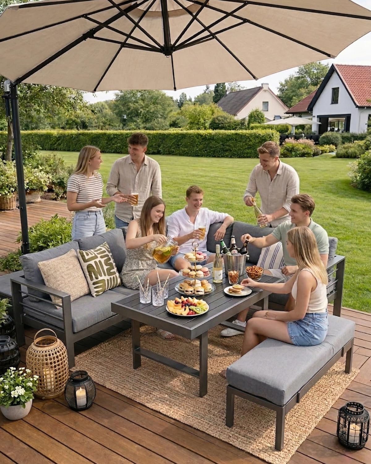 Atenza Gartenlounge wetterfest, Ecksofa 6-8 Personen mit Tisch, Grau | Rostfreies Aluminium, WPC-Tischplatte, 12 cm Kissen, waschbare Bezüge, Sitzbank, Terrasse & Garten