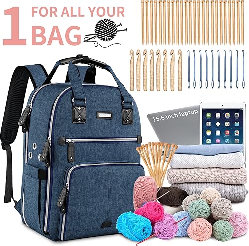 Miniatura 2 de Bolsa de ganchillo, mochila de tejido y organizador de bolsas con puerto de carga USB, bolsa grande de almacenamiento de hilo