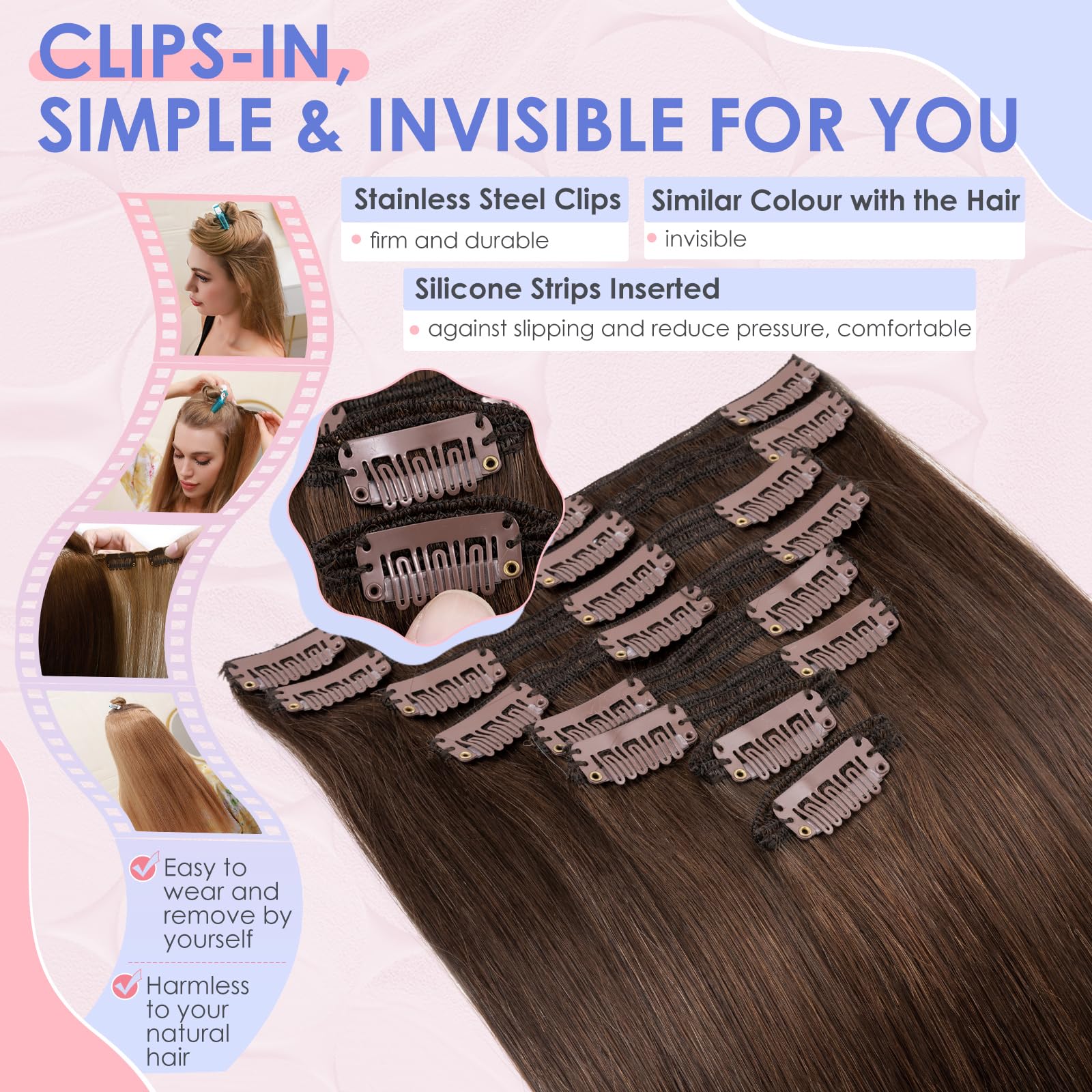 Elailite 14 Inch 120 g Clip in Human Hair Extensions Real Hair #4 Medium Brown Double Weft Thick Remy Natural Hair 8 Pieces Straight - Image 4