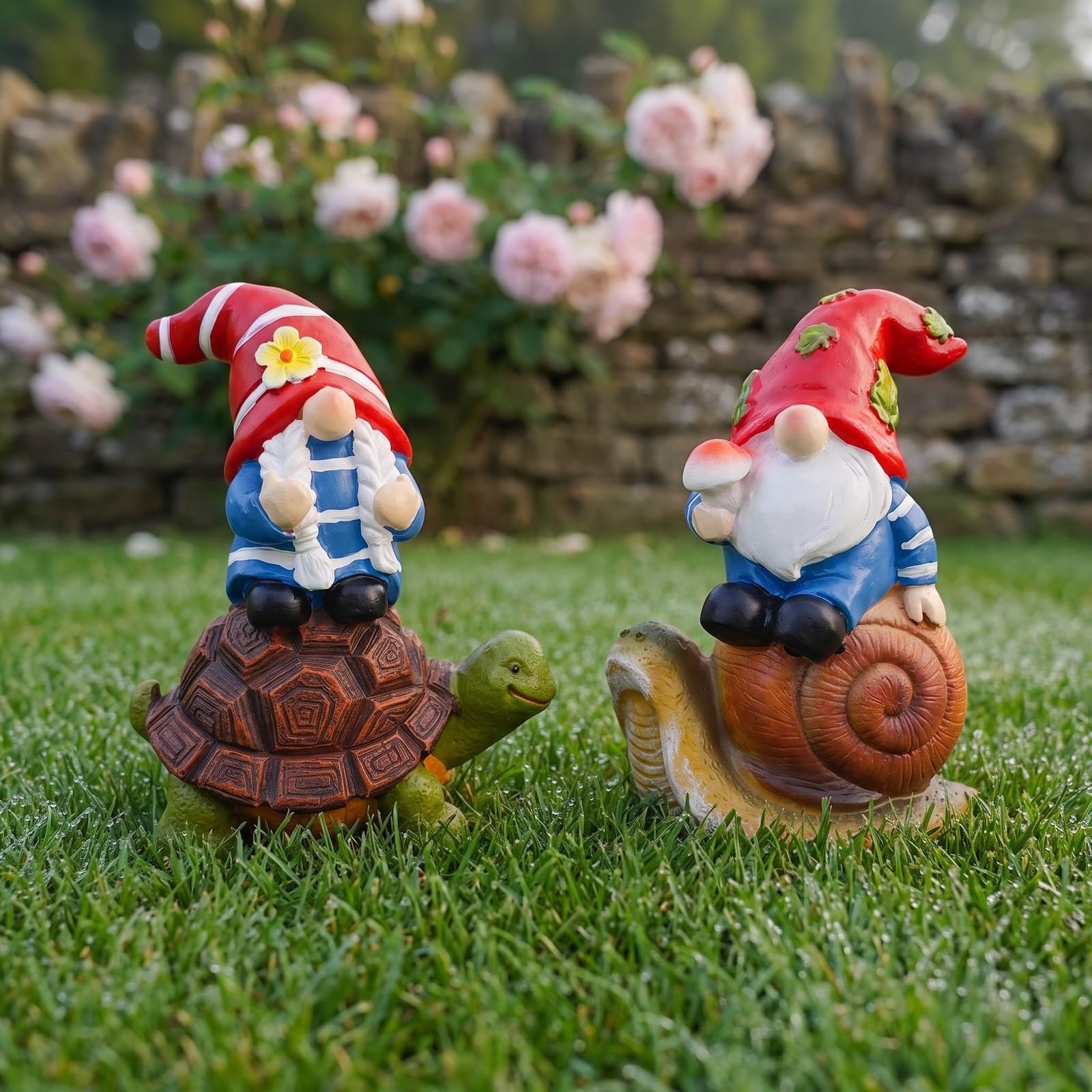 Garden Gnomes Outdoor, 2Pcs Garden Gnomes on Tortoise & Snail Statue Set