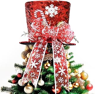 YUEMING Christmas Tree Topper Hat, Red Hat with Striped Bow Ribbon and Lollipop, Snowman Christmas Tree Decoration Top Hat