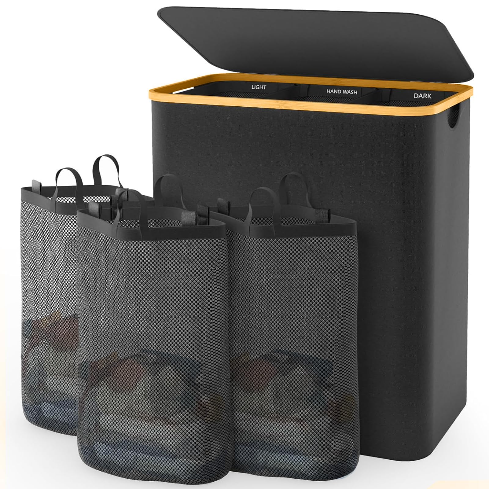 Cesto para Ropa Sucia, 160L Cesta de Lavandería plegable Gran Capacidad Cesto Con 3 bolsas de lavandería extraíbles, para Almacenamiento y Organización, Apto para lavadero, dormitorio, baño (negro) - negro