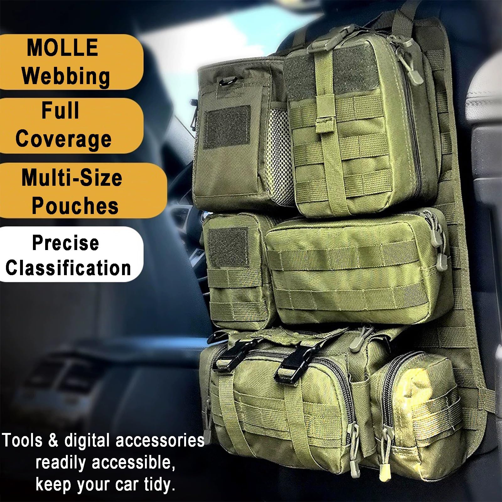 6-in-1 Tasca Tattica per Sedile Posteriore, Multifunzione per Auto | Pannello MOLLE Auto, 5 Tasche Rimovibili, Grande Organizzatore Posteriore per Tutti - Tieni in Ordine.(Black)