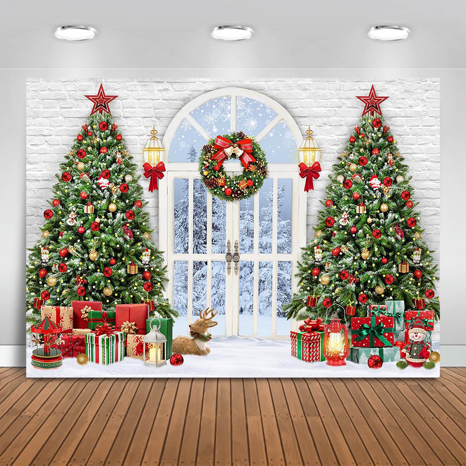 Fitumiw Christmas Photography Backdrop 10x7ft Christmas Tree Door Xmas Party Decorations Photo Background Snowy Winter Scenery Outside The Door White