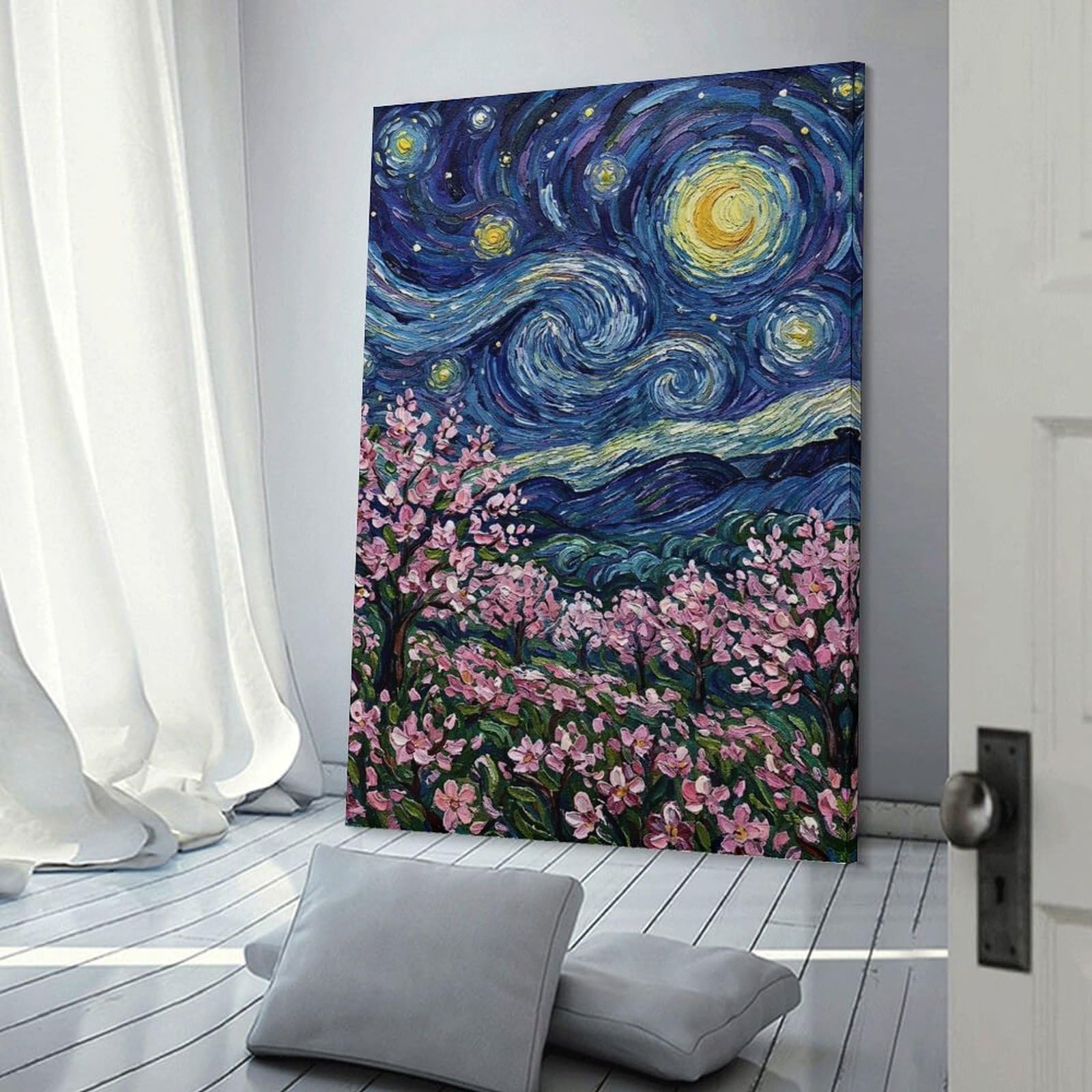Junmoney Starry Night with Cherry Blossoms Painting Hanging Wall Art, 24x36inch(60x90cm), for Home Walls, Creative Rooms Or Shared Spaces, A Flexible Wall Accent for Shared Spaces