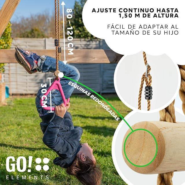 Foto 5 de 8 de GOelements Columpio Trapecio Jardín Exterior Niños - Asiento Antideslizante - Altura Ajustable - Color: Rosa