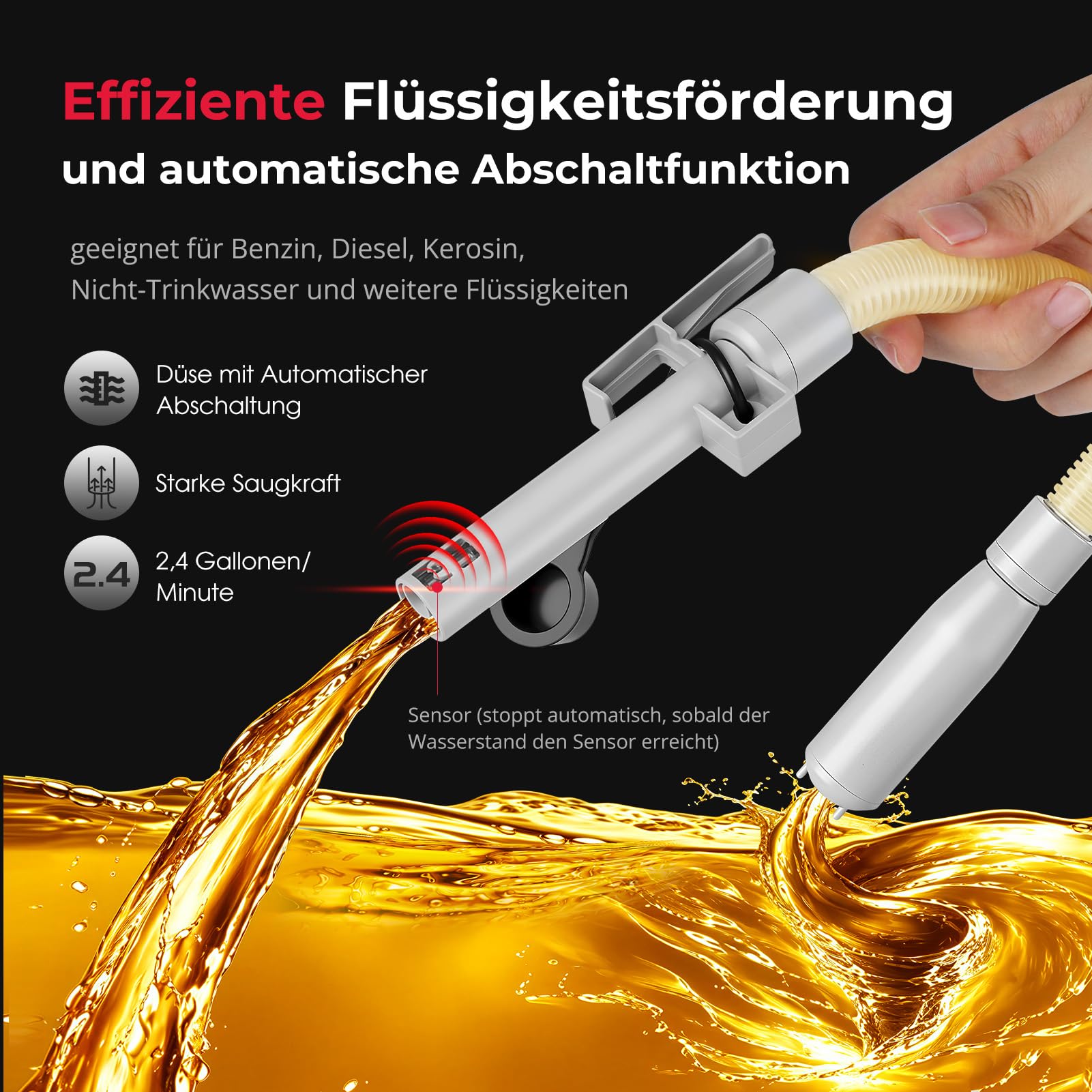 Pompe de transfert électrique, pompe à carburant, arrêt automatique, double alimentation (USB-C/AA), pompe à essence à main, pompe diesel 2,4 GPM avec tuyau de 183 cm pour essence, diesel et eau