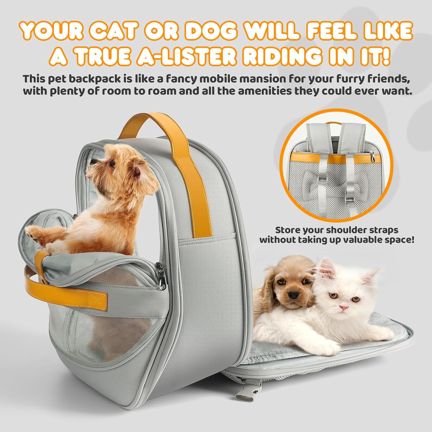 Cat Backpack Carrier for Kitty Puppy Small Dogs up to 18LBS(Light Grey) | Breathable Mesh Front Window, Padded Shoulder Straps & Top Handle, Foldable Lightweight Design, Side Storage Pocket