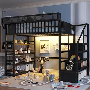 Full Size Loft Bed with Stairs, Metal Full Loft Bed with Storage Rack & 4 Shelf Storage Rack, Built-in Charging Station, Full Size Loft Bed for Adults & Teens, Black