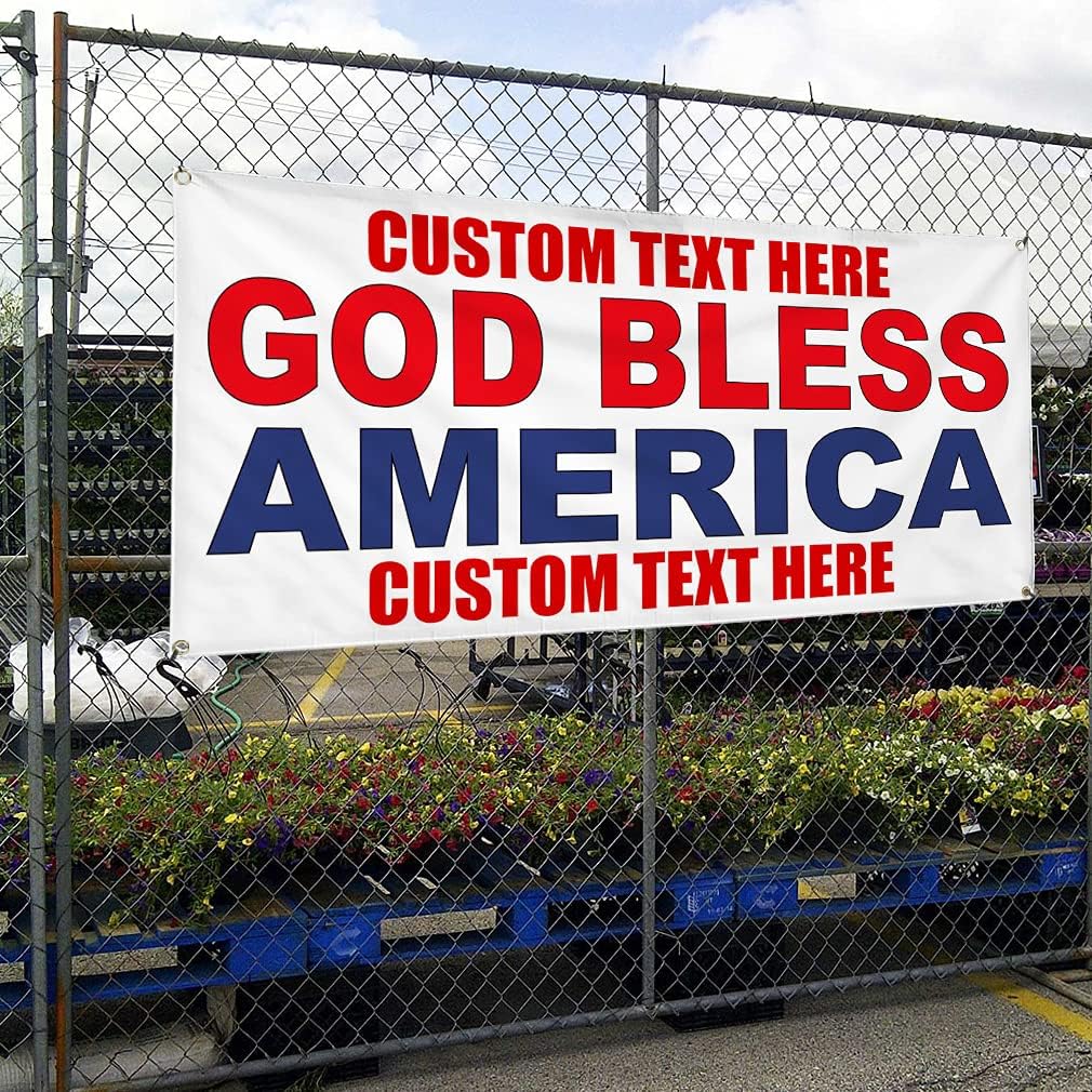 Custom Vinyl Banner Multiple Sizes God Bless America Red Blue Advertising Outdoor Weatherproof Industrial Yard Signs 4 Grommets Personalized Text Here 16x40Inches