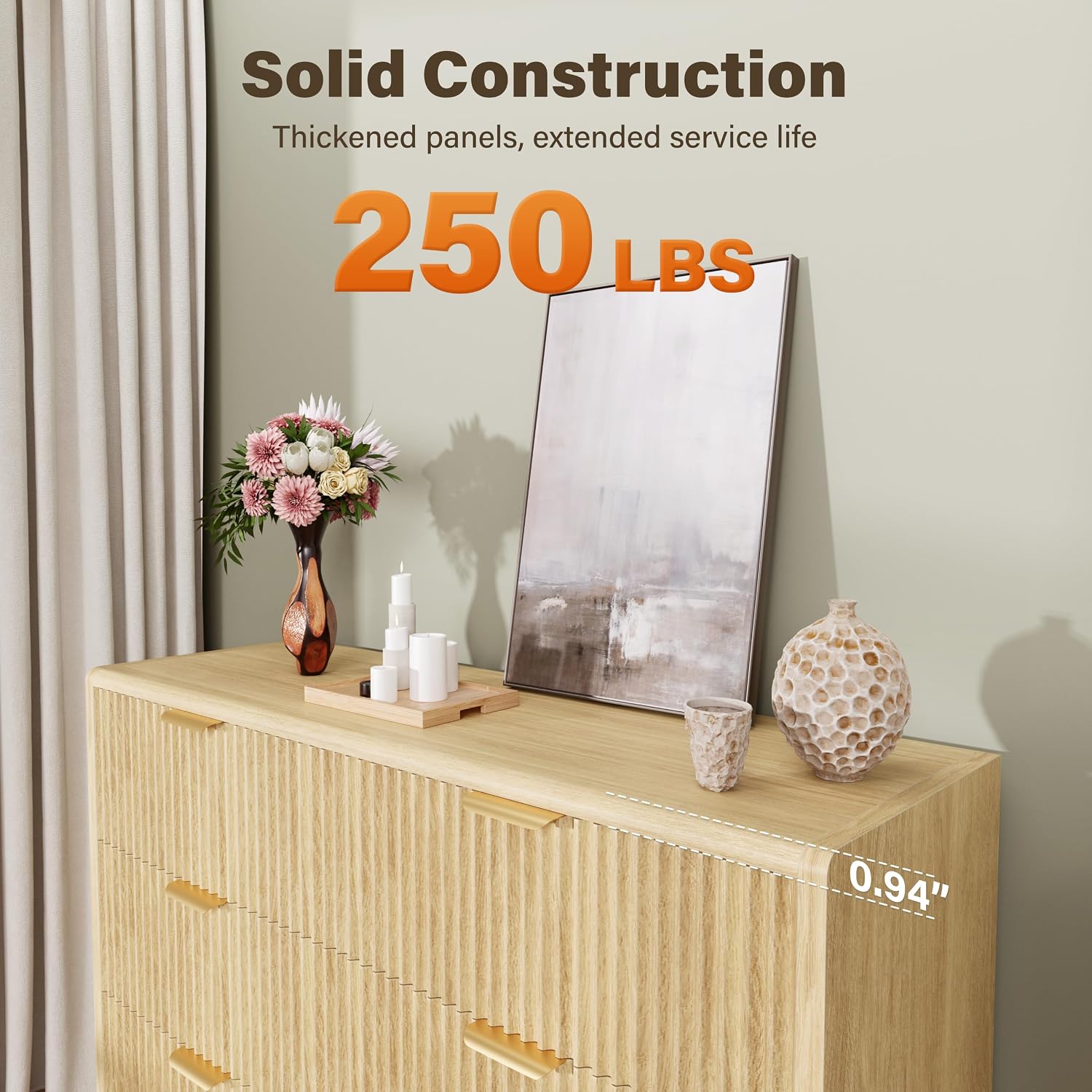 YESHOMY Fluted Dresser for Bedroom with 6 Drawers, 48" Wide Modern Chest of Drawers with Metal Handle, Solid Wood Base, Wooden Dresser TV Stand for Living Room, Hallway, Natural Oak