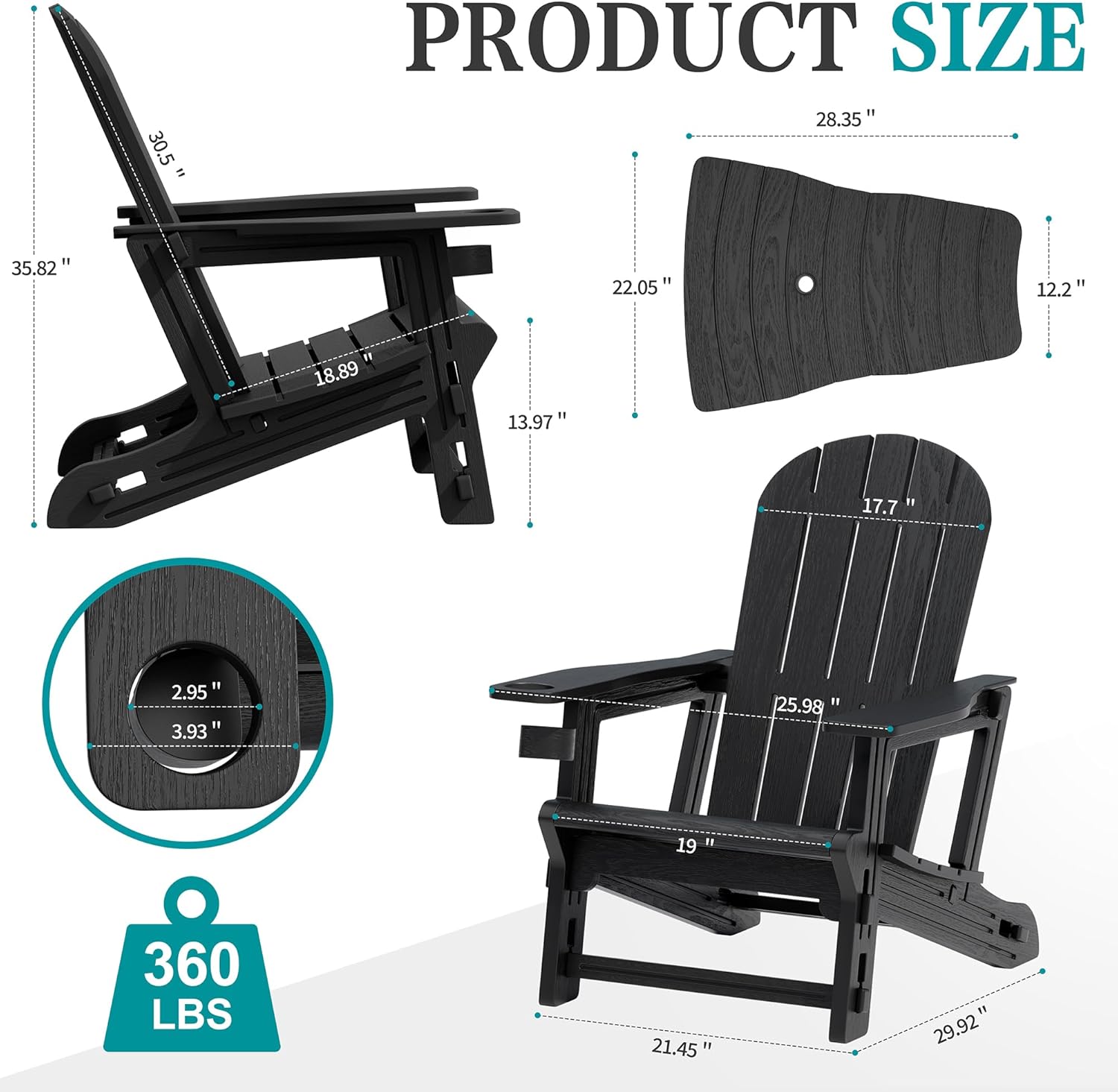 JY QAQA Outdoor Adirondack Chair Set of 2, All-Weather HDPE Patio Furniture with Detachable Table, Wood Texture & Cup Holder for Patio, Poolside, Garden, Black