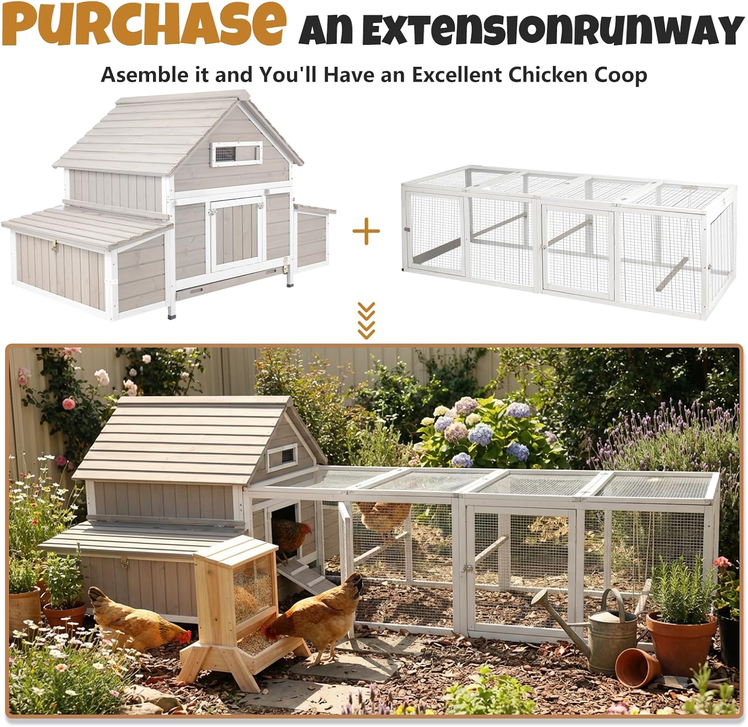 Chicken Coop for 2–4 Chickens with 2 Nesting Boxes, Easy Clean Removable Tray, Predator-Proof Wooden Hen House with 3 Asphalt Roofs, Roosting Bars, Expandable Poultry Cage for Backyard Outdoor