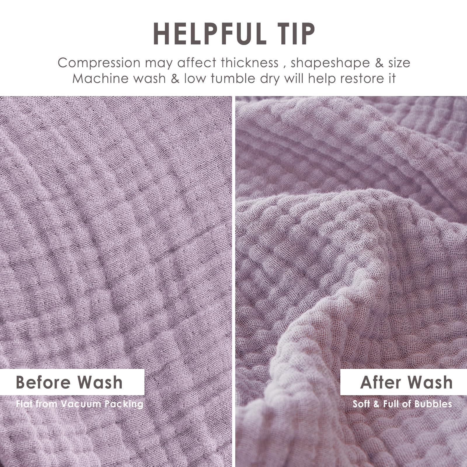 EMME Copriletto in Musolina 150x200 cm – 4 Strati di Tessuto Melange, Oeko-TEX 100, Morbida Copriletto & Coperta da Letto in Cotone per Divano e Letto, Melange Lavanda