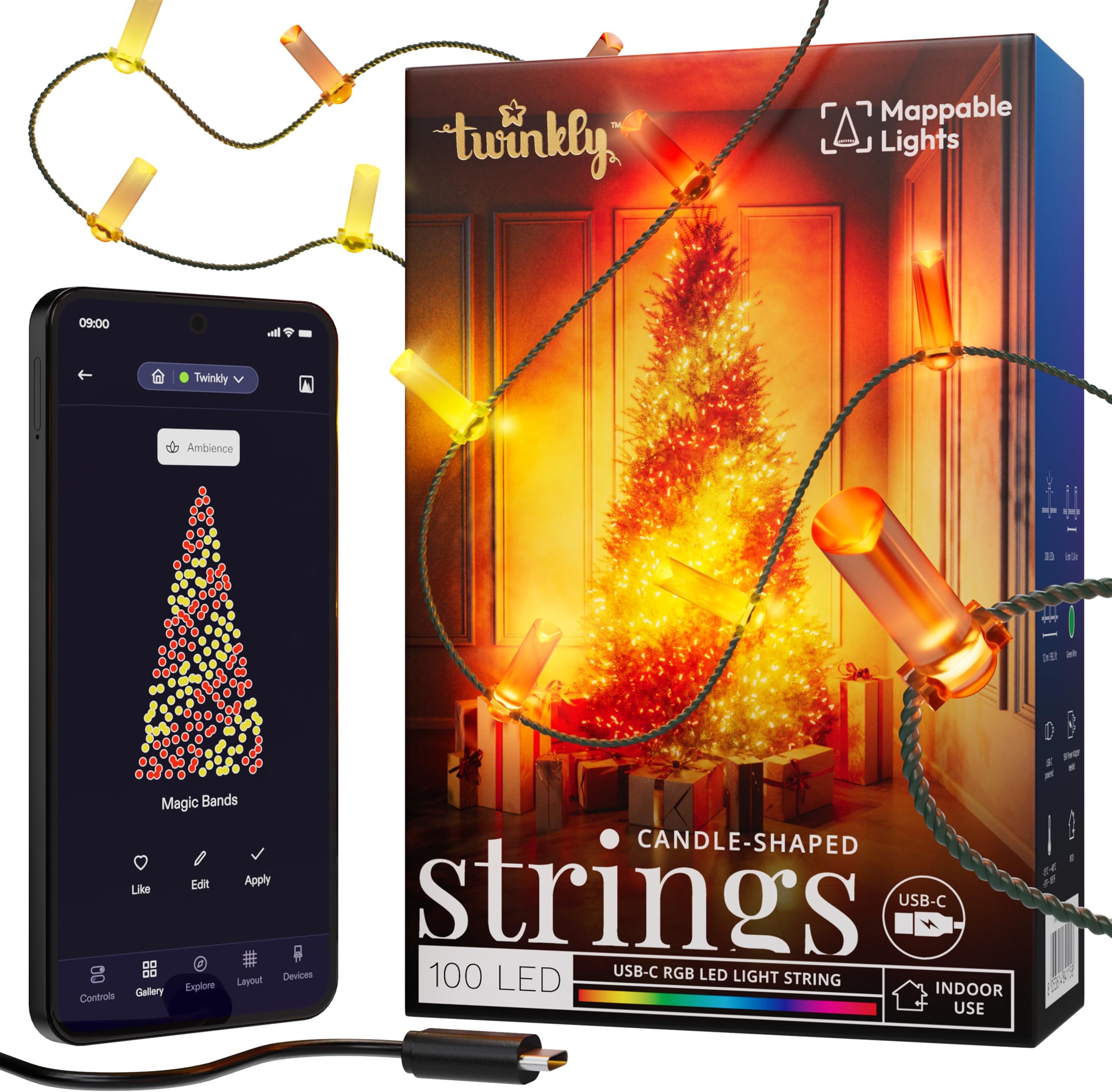 Twinkly Strings USB-C Candle-Shaped Light String with 100 RGB LEDs. 20 Feet. Green Wire. App-Controlled. USB-C-Powered. Indoor Smart Home Lighting Decoration
