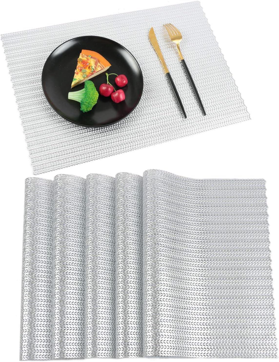 Homcomodar PU Leather Placemats for Dining Table Set of 6 Table Place Mats for Kitchen (set of 6, A-silver)