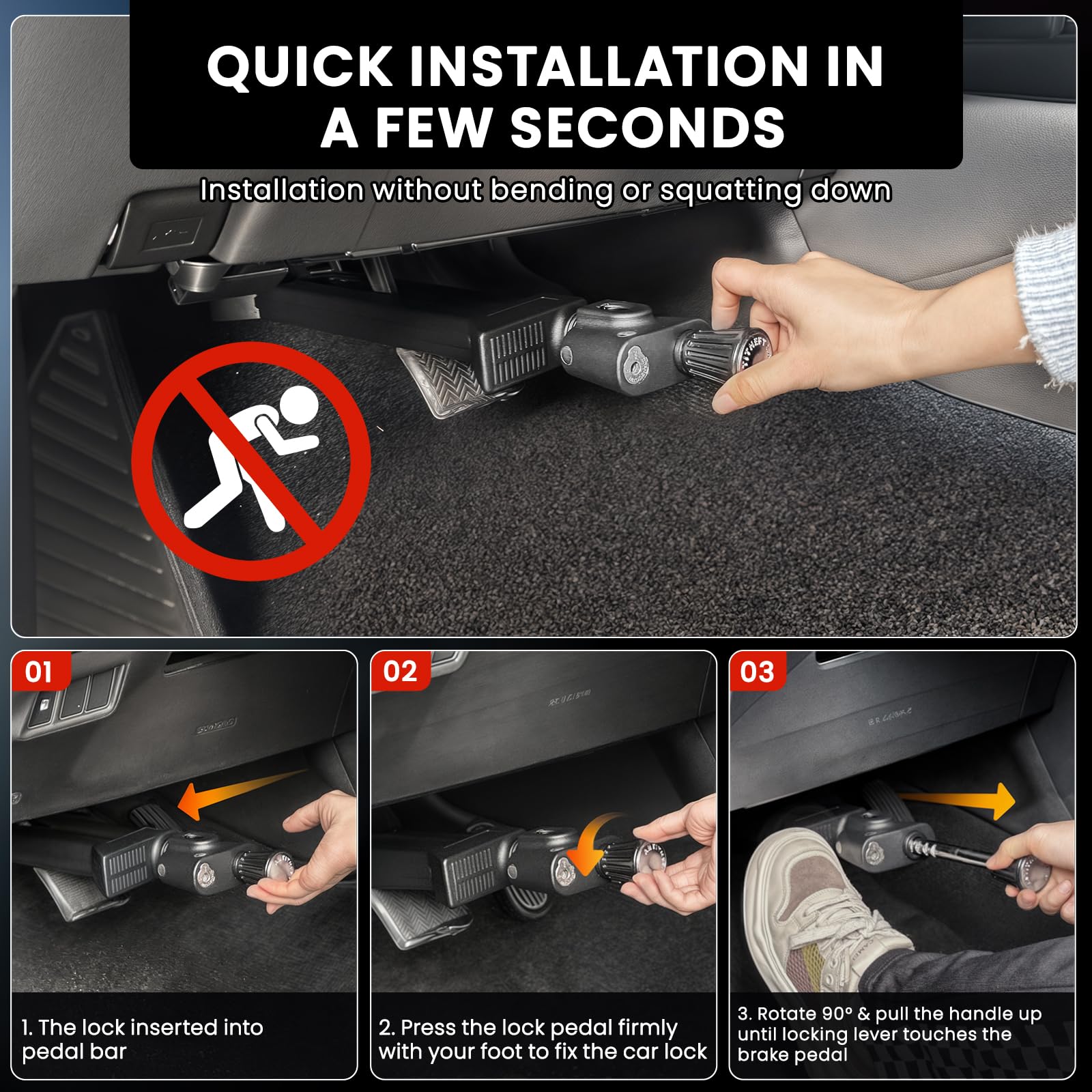 Serratura a pedale per auto, antifurto, blocco frizione del freno in acciaio inox, blocco pedale, immobilizzatore automatico, installazione rapida per auto, SUV, Van Camper (X15)