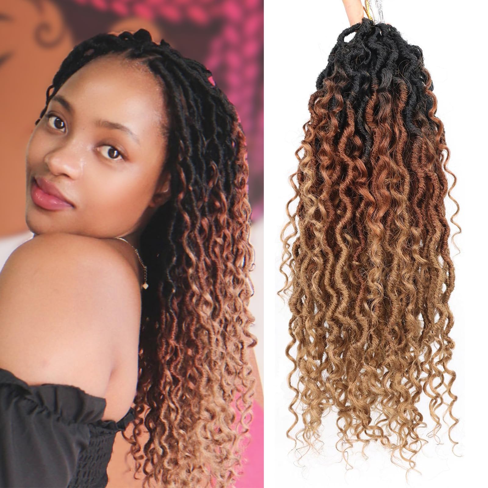 3 Tone Goddess Locs Crochet Hair for Black Women 18 Inch 7 Packs Curly Faux Locs Crochet Hair with Curly Ends River Loc Crotchet Braids (18 Inch,