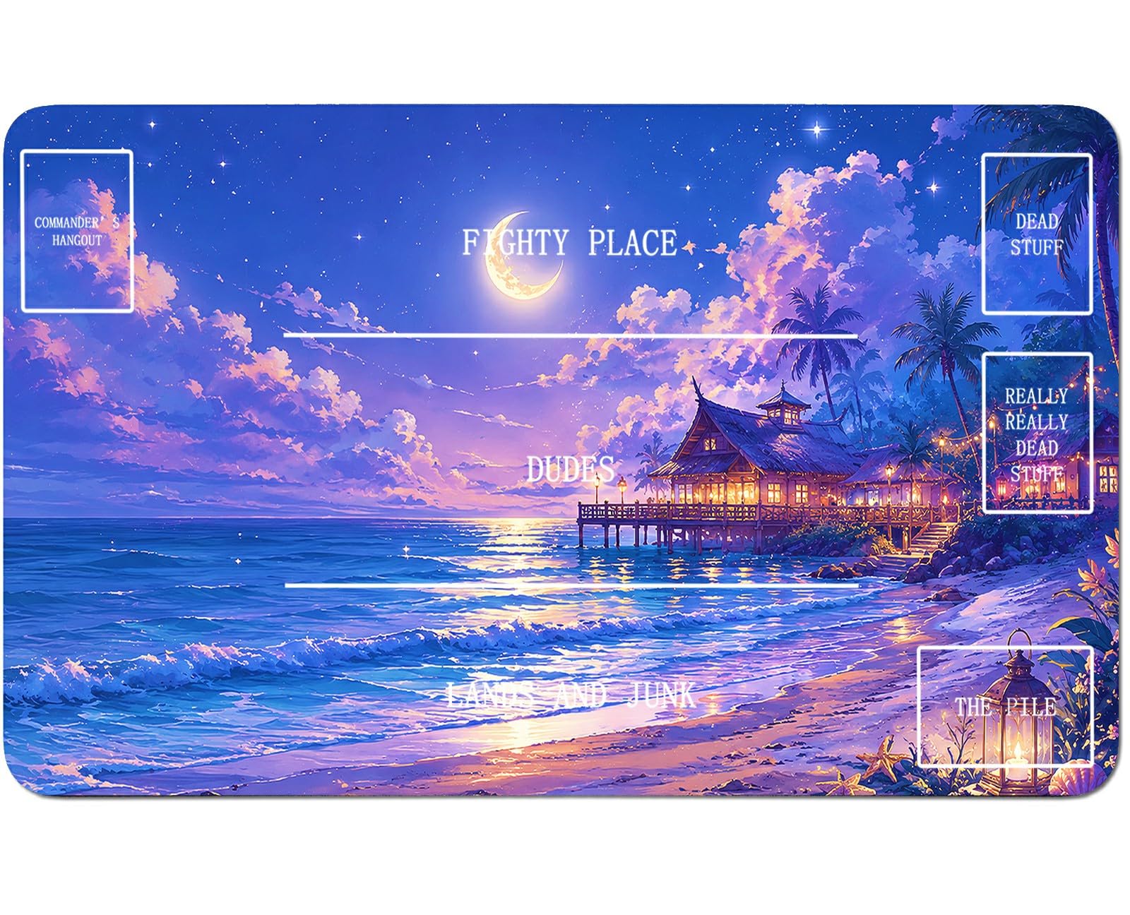 RWUTYTIUL Moon Beach for TCG Playmat 24 X 14 Inch with Play Zones, Stitched Card Game Mat for Commander Board MTG RPG CCG Desktop Tablet Mouse Pad for Enthusiasts Playing Accessories