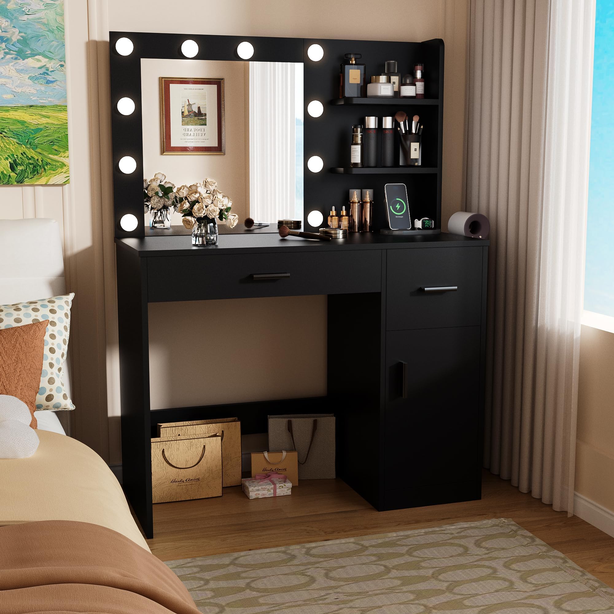 Furmax Vanity Desk with Lighted Mirror 3 Modes & Power Outlets, Makeup Vanity Table with Drawers, Cabinet and Open Shelves, for Bedroom & Dressing Room (Black)