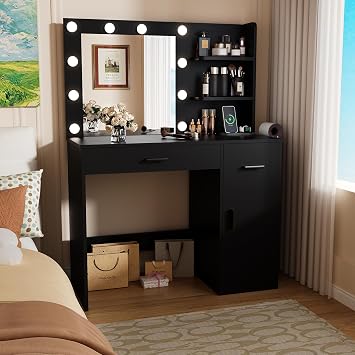 Furmax Vanity Desk with Lighted Mirror 3 Modes & Power Outlets, Makeup Vanity Table with Drawers, Cabinet and Open Shelves, for Bedroom & Dressing Room Black