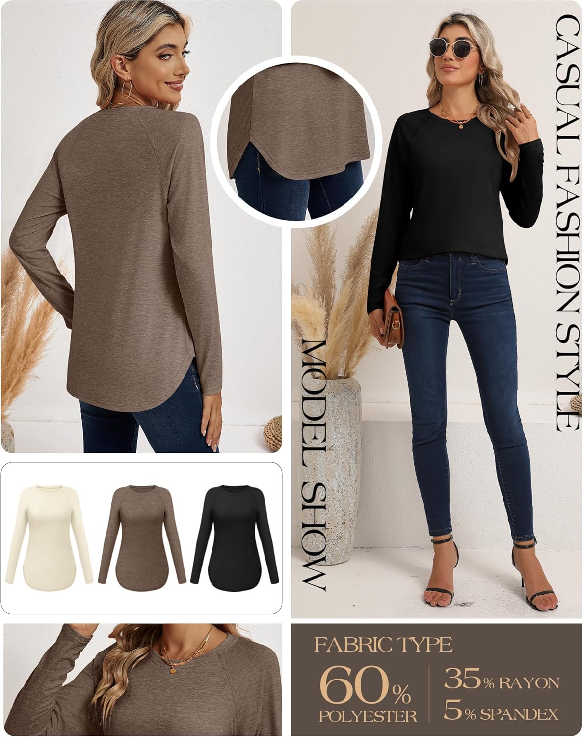 Ficerd 3 Pack Women's Long Sleeve T-Shirts Crew Neck Raglan Sleeve Casual Loose Fit Shirts Side Split Curved Hem Tunic Tops - Image 4