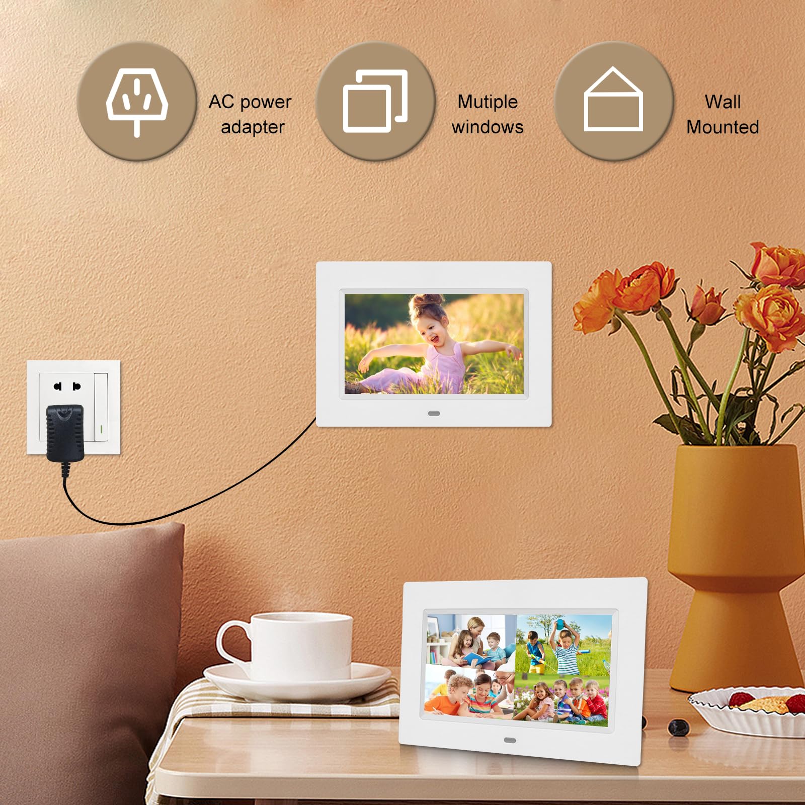Cadre photo numérique 17,8 cm, cadre photo numérique 1024 x 600 Full IPS avec lecteur photo/musique/vidéo/calendrier/alarme, cadre photo électronique avec télécommande
