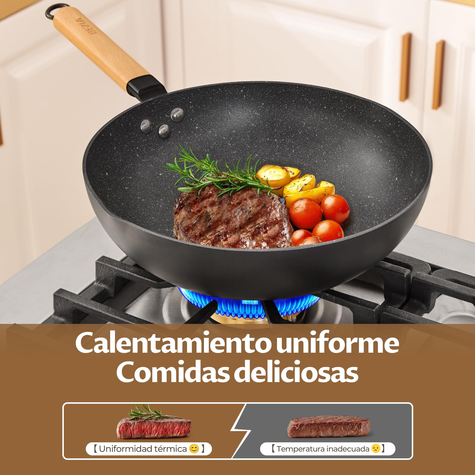 BEZIA Wok de inducción con tapa, sartén antiadherente de 30 cm