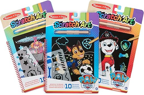 Miniatura 1 de Melissa & Doug PAW Patrol Scratch Art - Paquete de 3 almohadillas de actividades de viaje Chase, Skye, Marshall Color Reveal