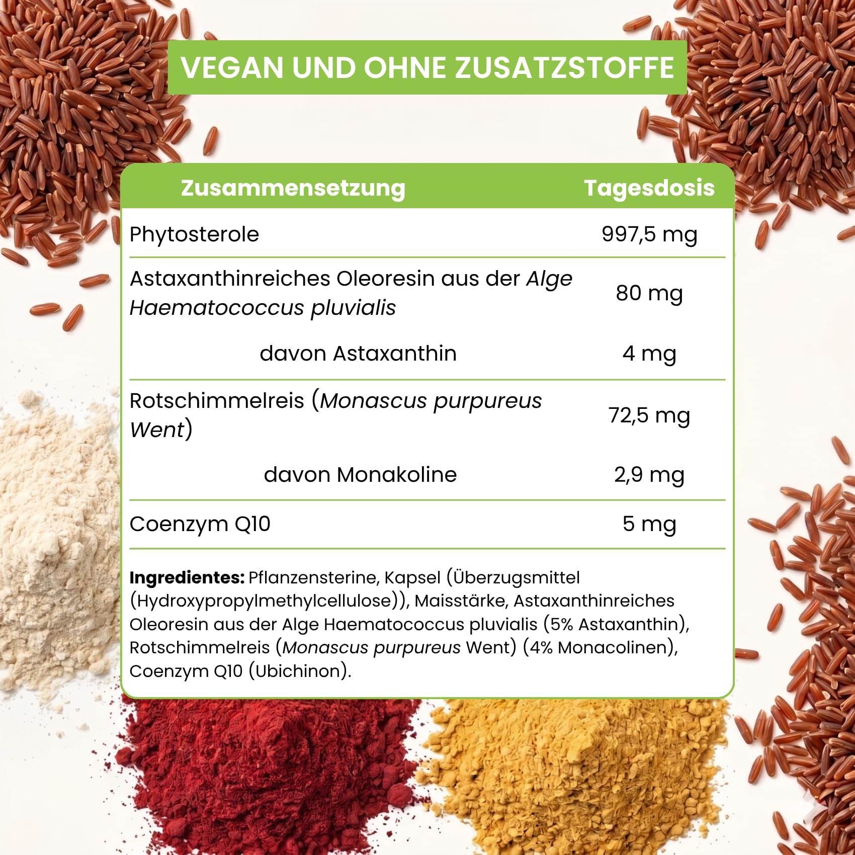 Cholesterin Komplex mit Pflanzlichen Sterolen 997,5 MG, Roter Reis (Monakoline), Coenzym Q10 & Astaxanthin – 135 vegane Kapseln ohne Zusatzstoffe | Protecardio Nutribiolite