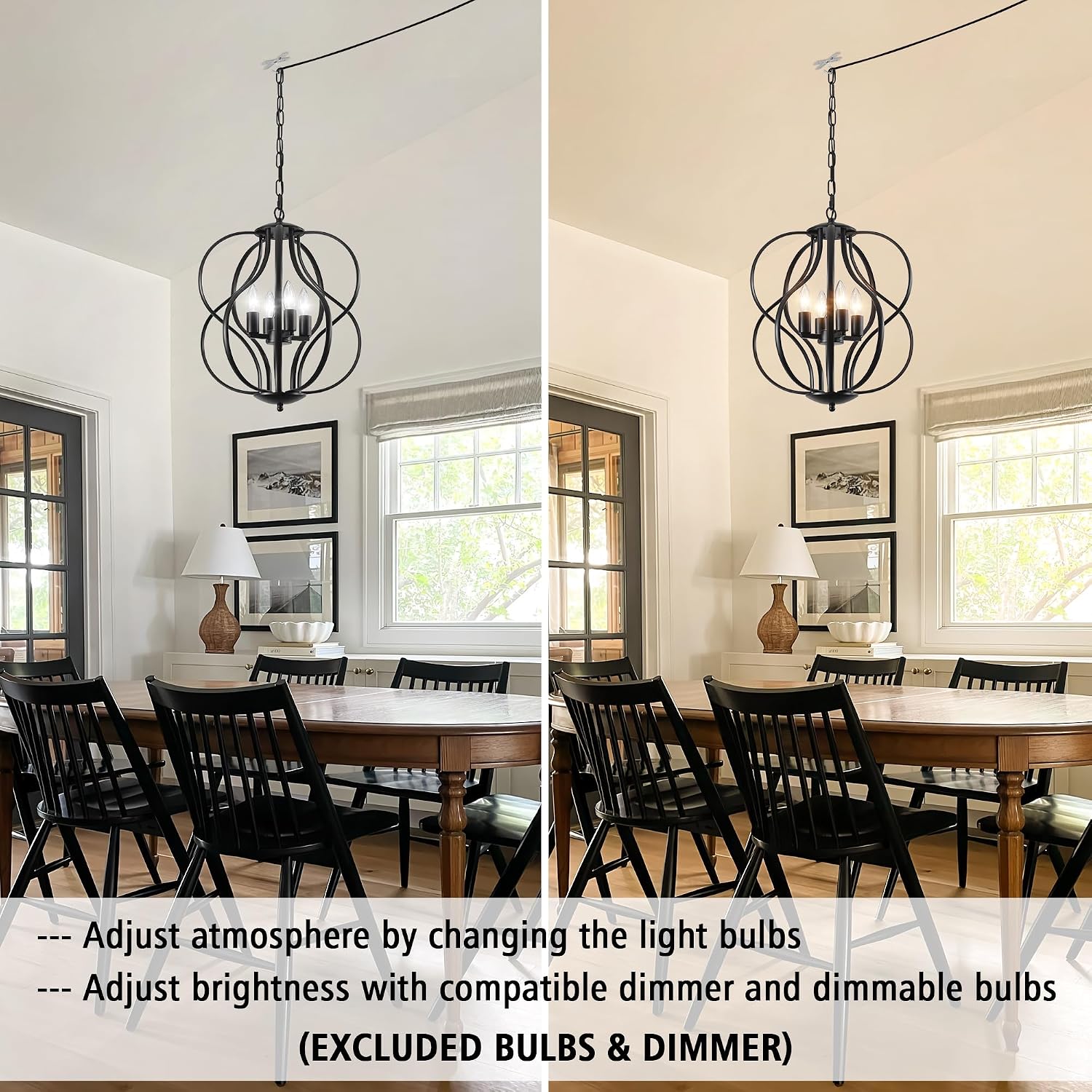 LASENCHOO Black Plug in Chandelier Light, 4 Lights Modern Geometric Plug in Pendant Light for Ceiling Light with Long Cord, Lantern Chandeliers for Entryway Hallway Foyer Dining Room Light Fixture