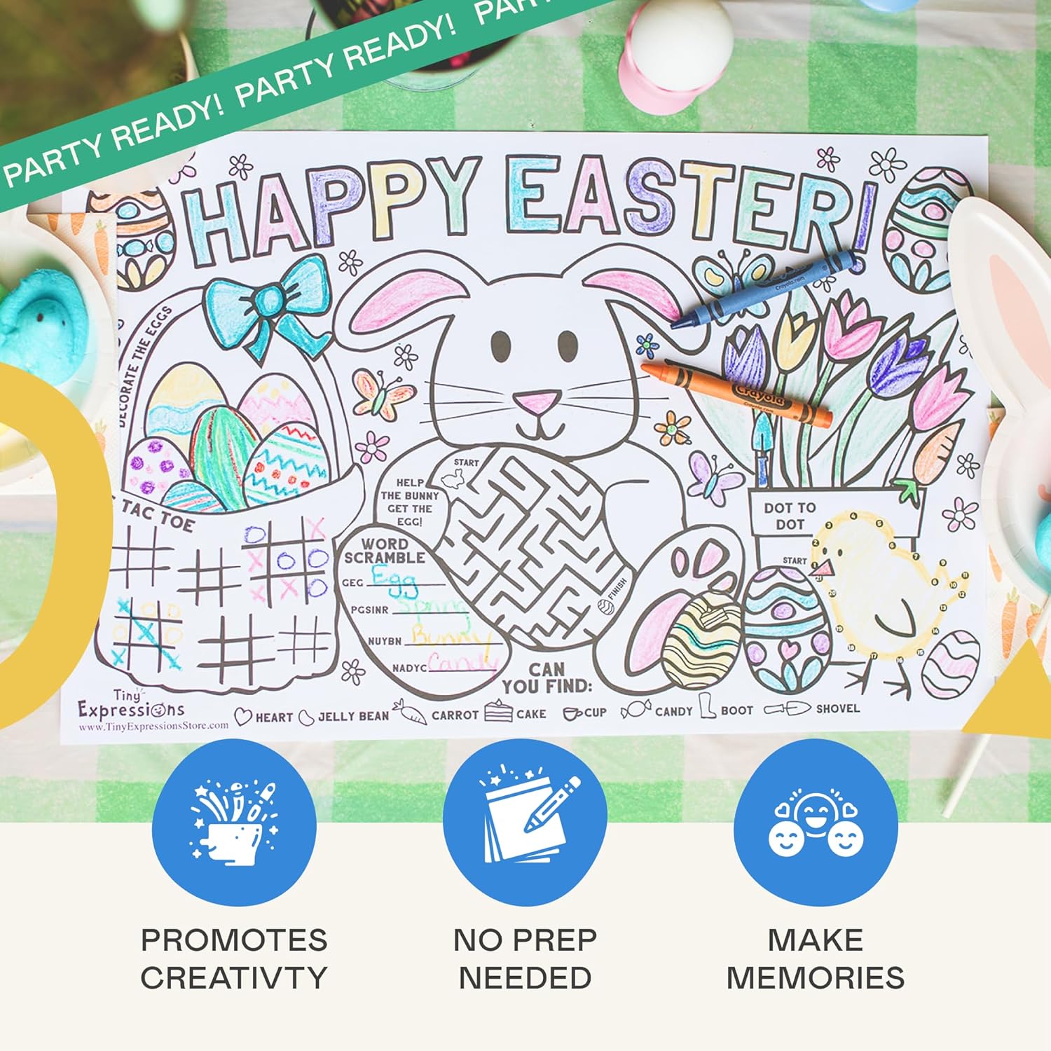 Tiny Expressions - Easter Coloring Placemats - Set of 12 Large, 11" x 17" Disposable Paper Placemats with Bunny & Egg Designs