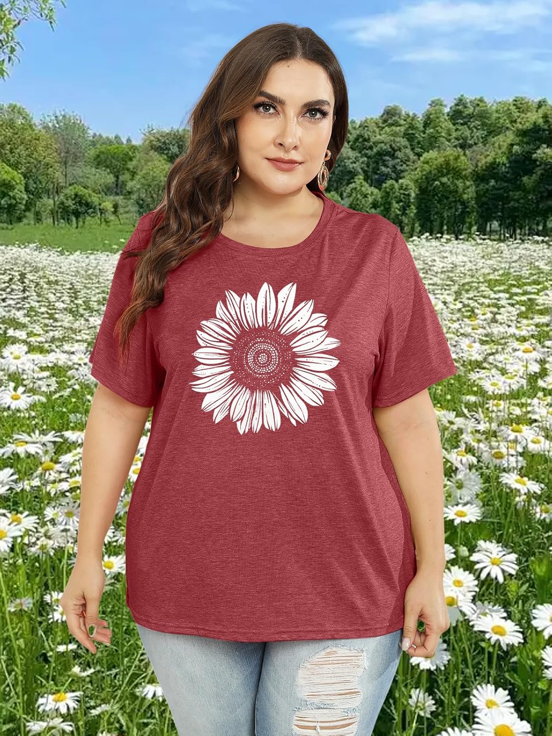 Womens Plus Size Daisy Graphic T-Shirt Summer Flower Cute Short Sleeve Shirts Casual Loose Tees Tops for Women - Image 2