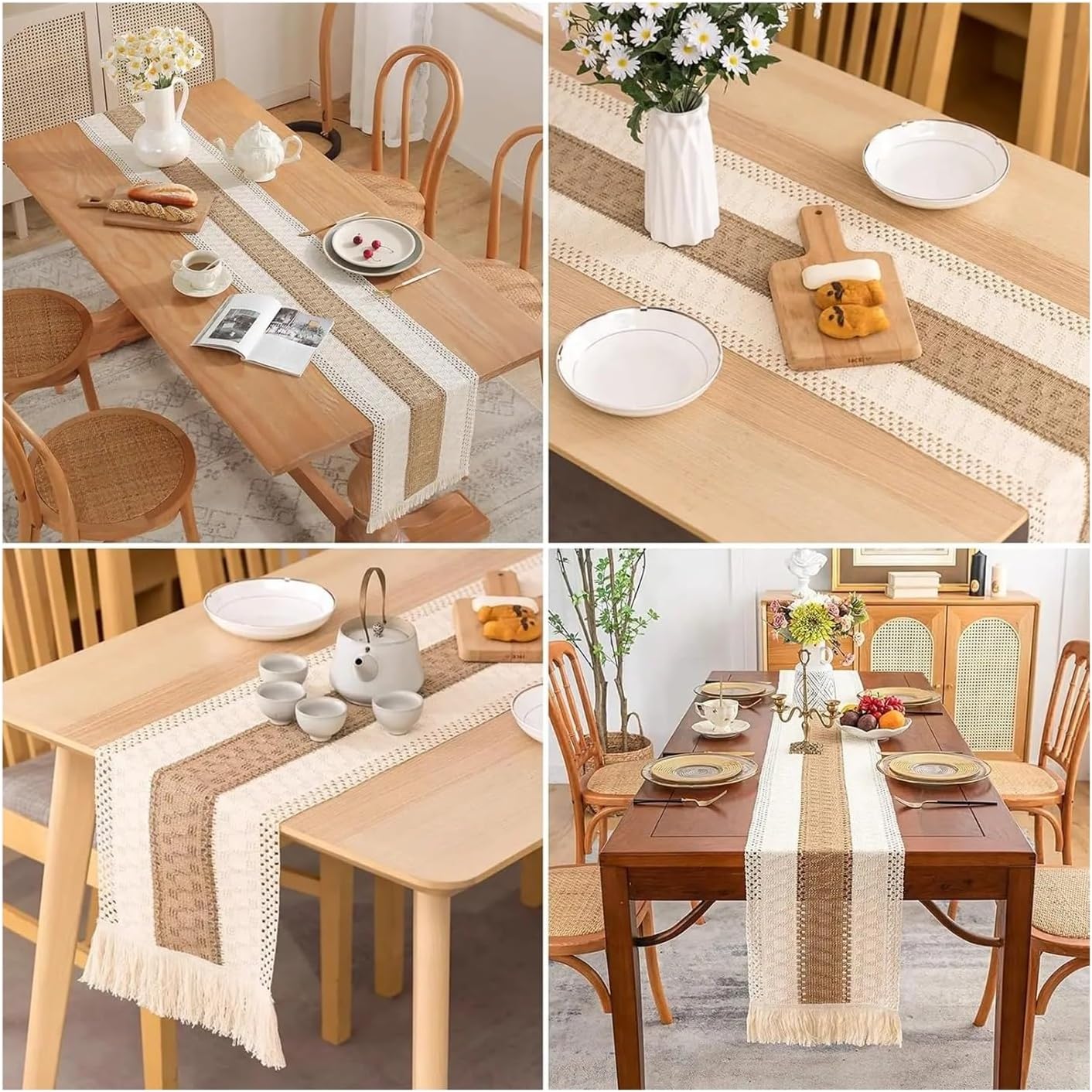 Burlap Table Runners Boho Farmhouse Linen Table Runner–Rustic Macrame with Tassels, Burlap & Cotton Blend for Home Decor and Holiday Events(30x220cm)