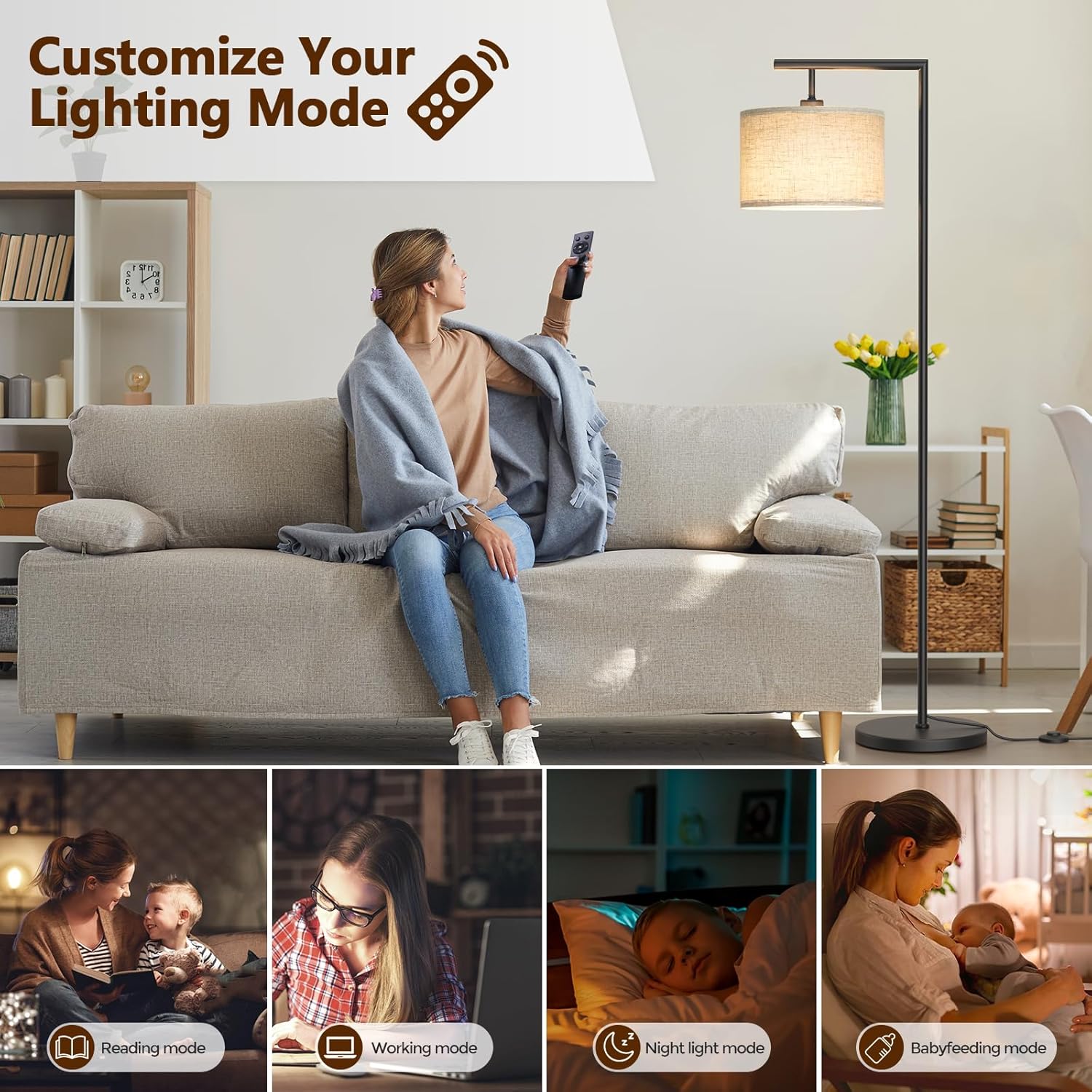 Floor Lamps with Remote Control and Stepless Dimmable Color Temperature and Brightness Standing Lamp with Adjustable Beige Linen Lampshade Pole Lamp for Bedroom Office, 9W Bulb Included, Black