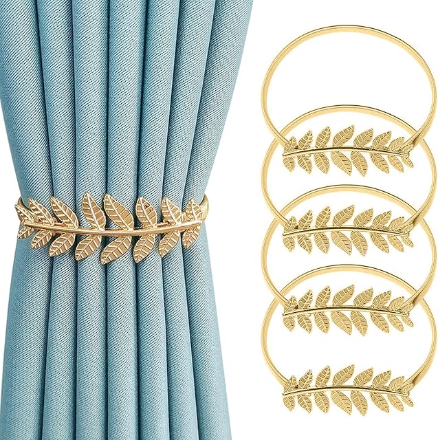 Newsmy 4 Pcs Magnetic Tie Backs for Curtains, Creative Leaf Magnetic Curtain Tie Back, Curtain Holdbacks Curtain Ties for Home, Outdoor Curtain Decoration (Gold Leaf)