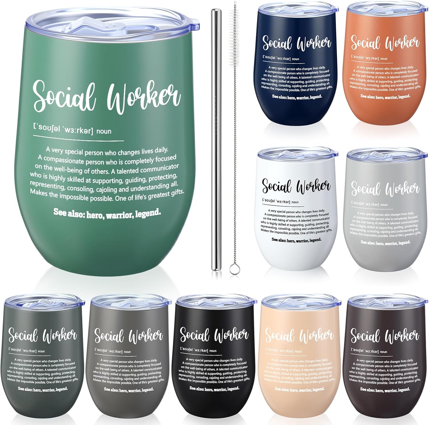 Patelai 10 Pcs Social Worker Appreciation Gifts for Coworker Employee 12 oz Tumbler Stainless Steel Inspirational Thank You Mug for Teacher Nurse Volunteer Social Worker Month(Classic)