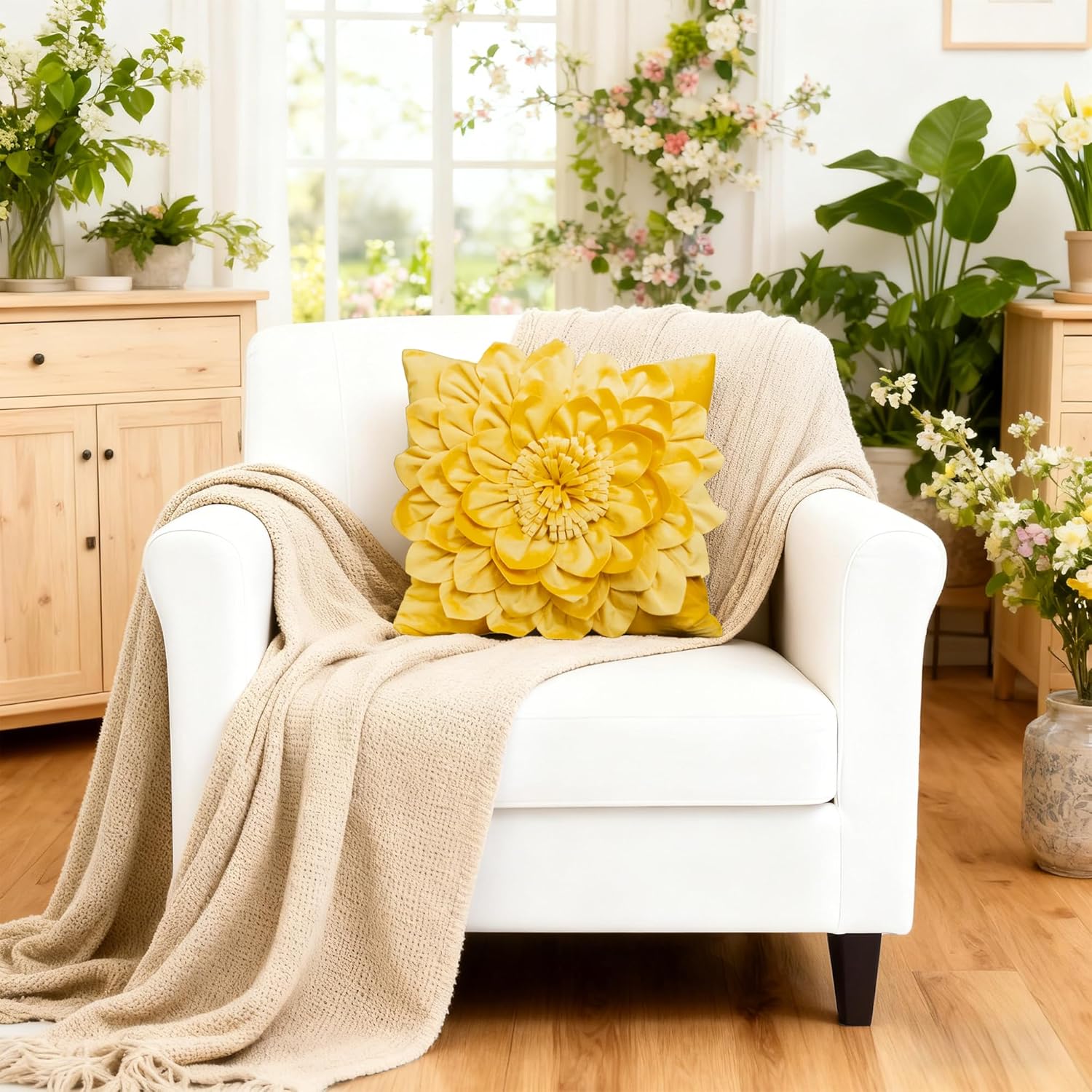 Decorative 3D Flower Throw Pillow Covers Soft Velvet Handmade Pillowcases Cushion Covers for Couch Bed Living Room Home Decor 18x18 Inch Yellow - Image 2