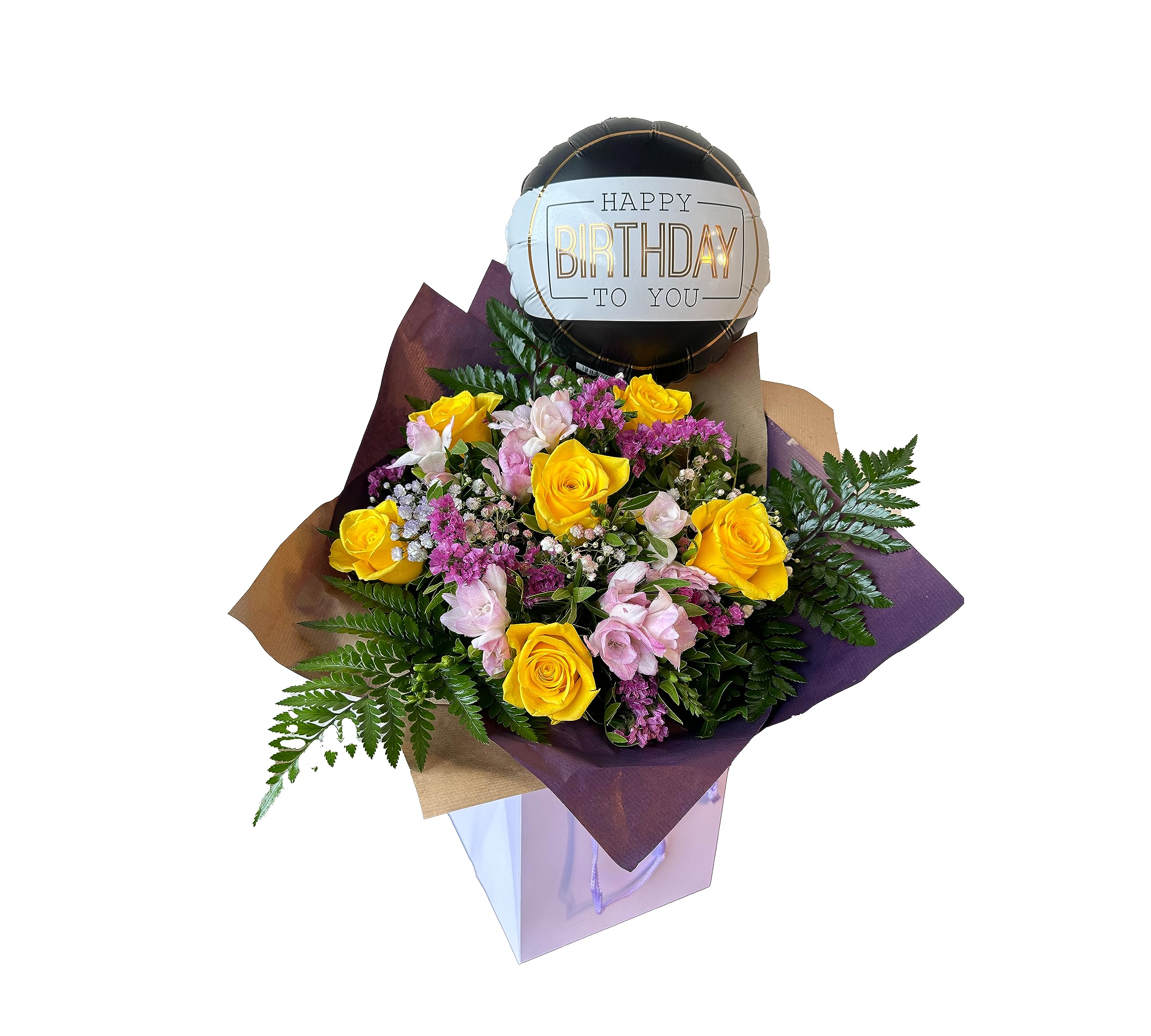 Sunshine fresh flowers delivery, Beautiful Hand-Tied Yellow Rose with Complimentary Birthday Balloon - Prime Bouquet for Special partty with Next Day flowers Nationwide Delivery.