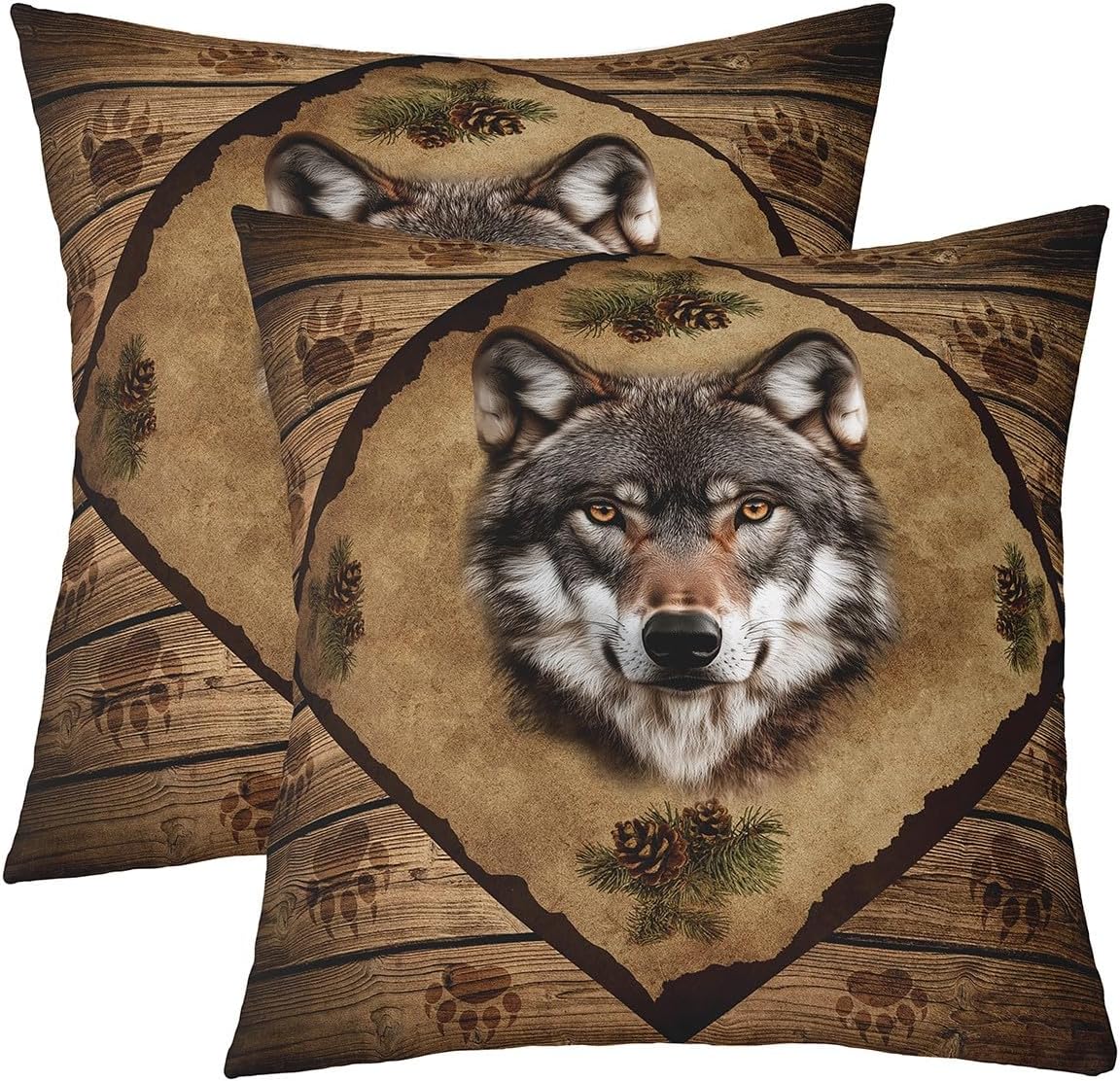 3D Wolf Head Print Throw Pillow Covers 18x18 Inch Set of 2 Wild Animal Paw Print Lodge Cabin Pillow Cases for Kids Teens Adults Pine Cones Retro Brown Grid Stripes Cushion Covers for Sofa Chairs