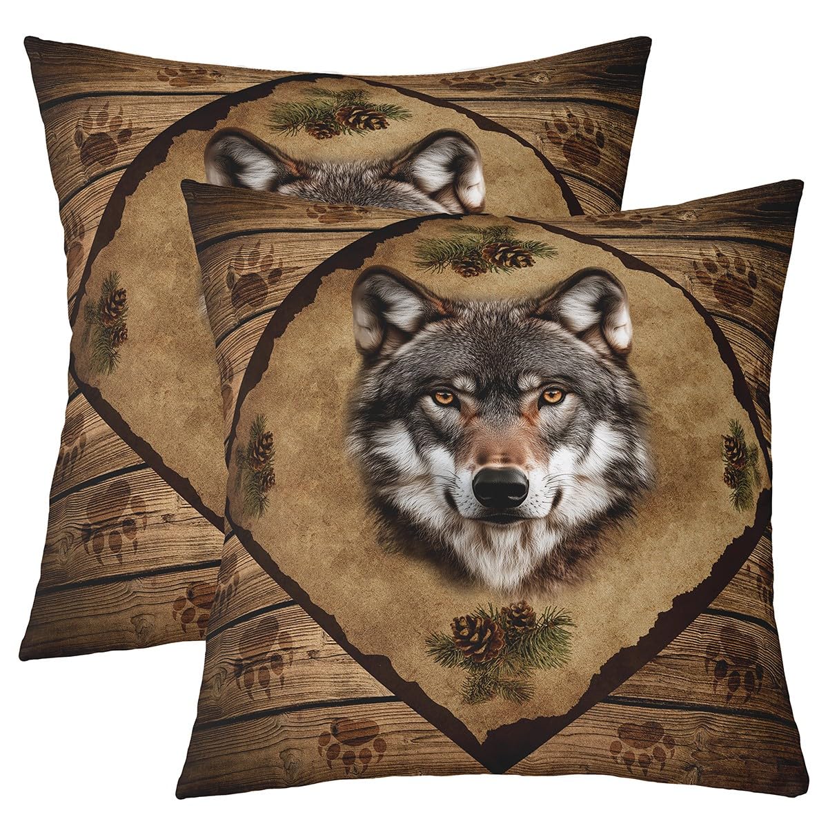 3D Wolf Head Print Throw Pillow Covers 18x18 Inch Set of 2 Wild Animal Paw Print Lodge Cabin Pillow Cases for Kids Teens Adults Pine Cones Retro Brown Grid Stripes Cushion Covers for Sofa Chairs