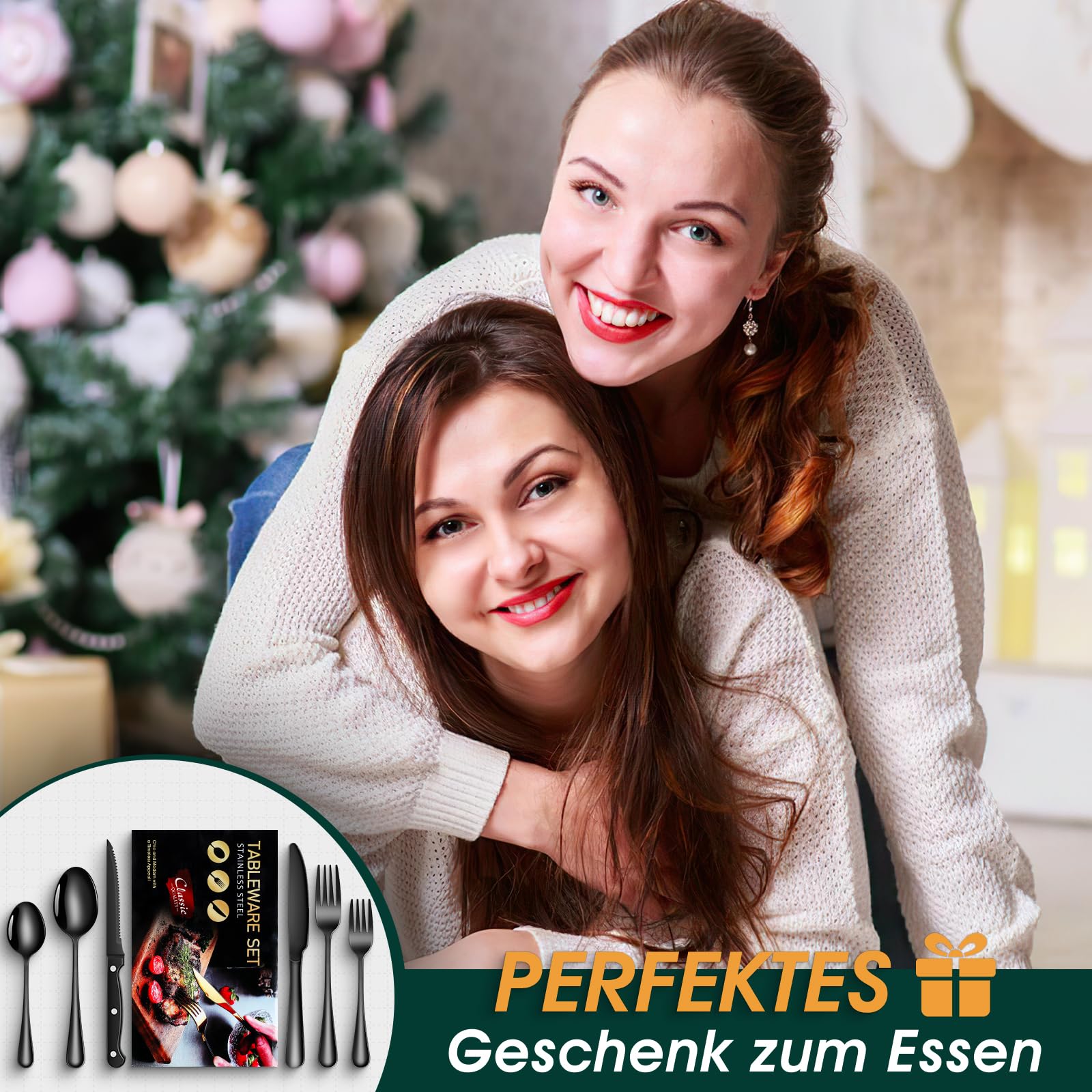 TAN REN Besteck Set Schwarz 8 Personen, 48-teiliges Edelstahl Besteckset mit Steakmesser, Elegantes Essbesteck mit Messer Gabel Löffel, Tafelbesteck für Küche/Restaurant