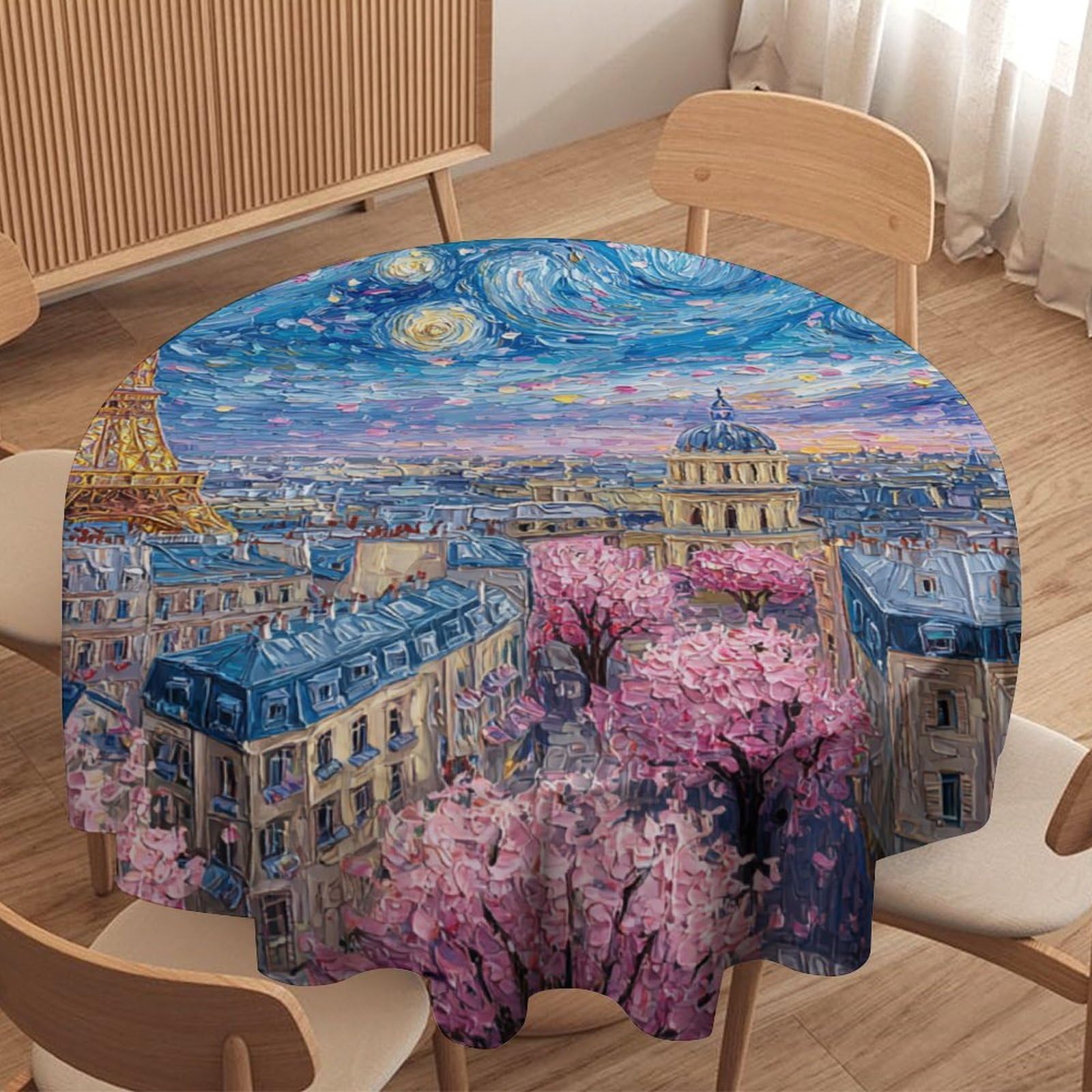 LUYYSKY Beautiful Rustic Eiffel Tower Round Tablecloth Modern Romantic Outer Space Galaxy Paris Tower Cherry Blossom Washable Decor for Table Cover for Kitchen-177.8" Wx177.8 L cm