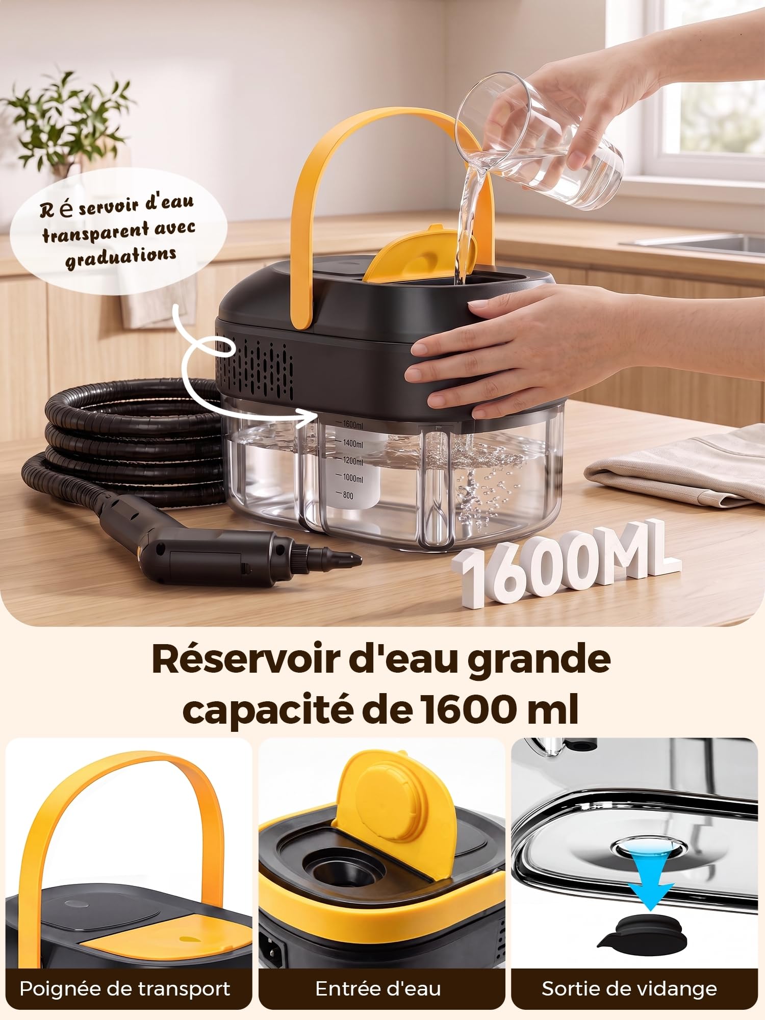 Nettoyeur Vapeur Portable 2500W: Nettoyer à Vapeur Portatif 120 °C Vapeur,1,600ml Réservoir d'eau, Chauffe Rapide en 10s, 6 Niveaux de Réglage, 14 Accessoires Inclus, Cuisine, Voiture, Bain, Fenêtres