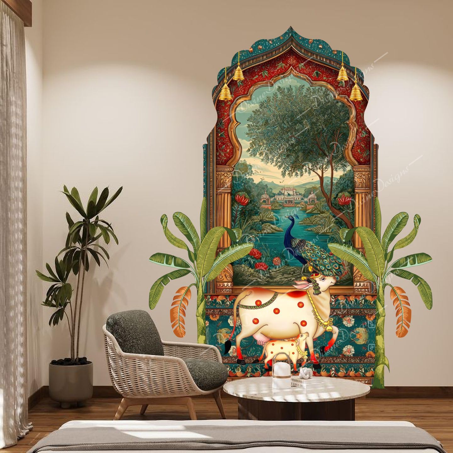 DivineDesign Pichwai Cow & Peacock Wall Sticker - Traditional Rajasthani Jharokha Art for Living Room & Pooja Room Decor - Large (34 x 43 Inch), Self-Adhesive, Vinyl-image-49