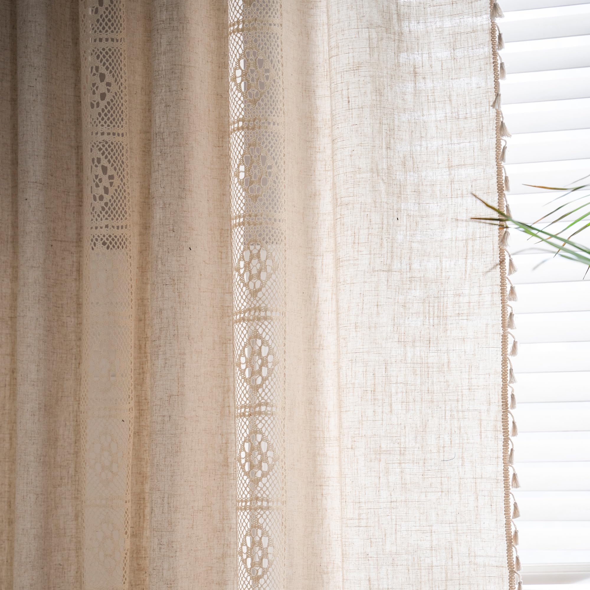 JOOJA 2 Panels Boho Semi-Blackout Windows Crochet Curtains Linen Textured Tassel Window Curtains Panels for Bedroom Living Room Boho Curtains (Crochet Linen Textured 2, 59x84)