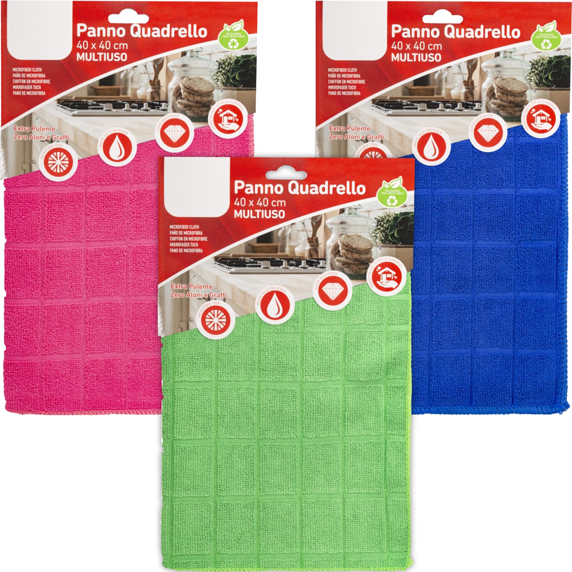 Sicignano – Tissu quadrillage 100 % microfibre, extra propre, résistant, sans halos, multi-usages, pour toutes les surfaces, lavable et réutilisable, couleurs assorties (3, 40 x 40 cm)