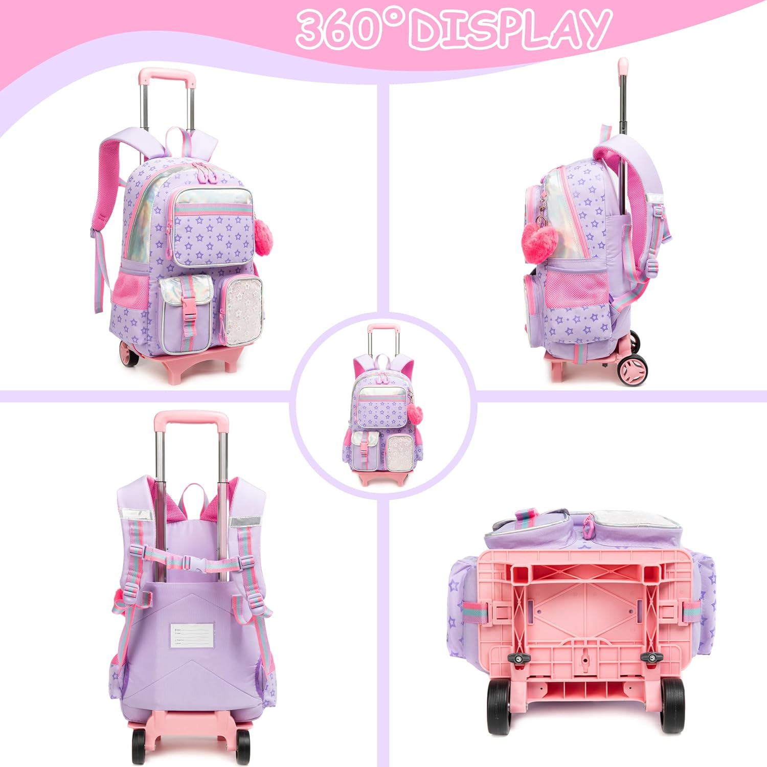 Backpack with Wheels for Girls Rolling Backpack with Lunch Box Pencil Case for Kids Carry On Suitcase with Wheels for Elementary Teens Girls
