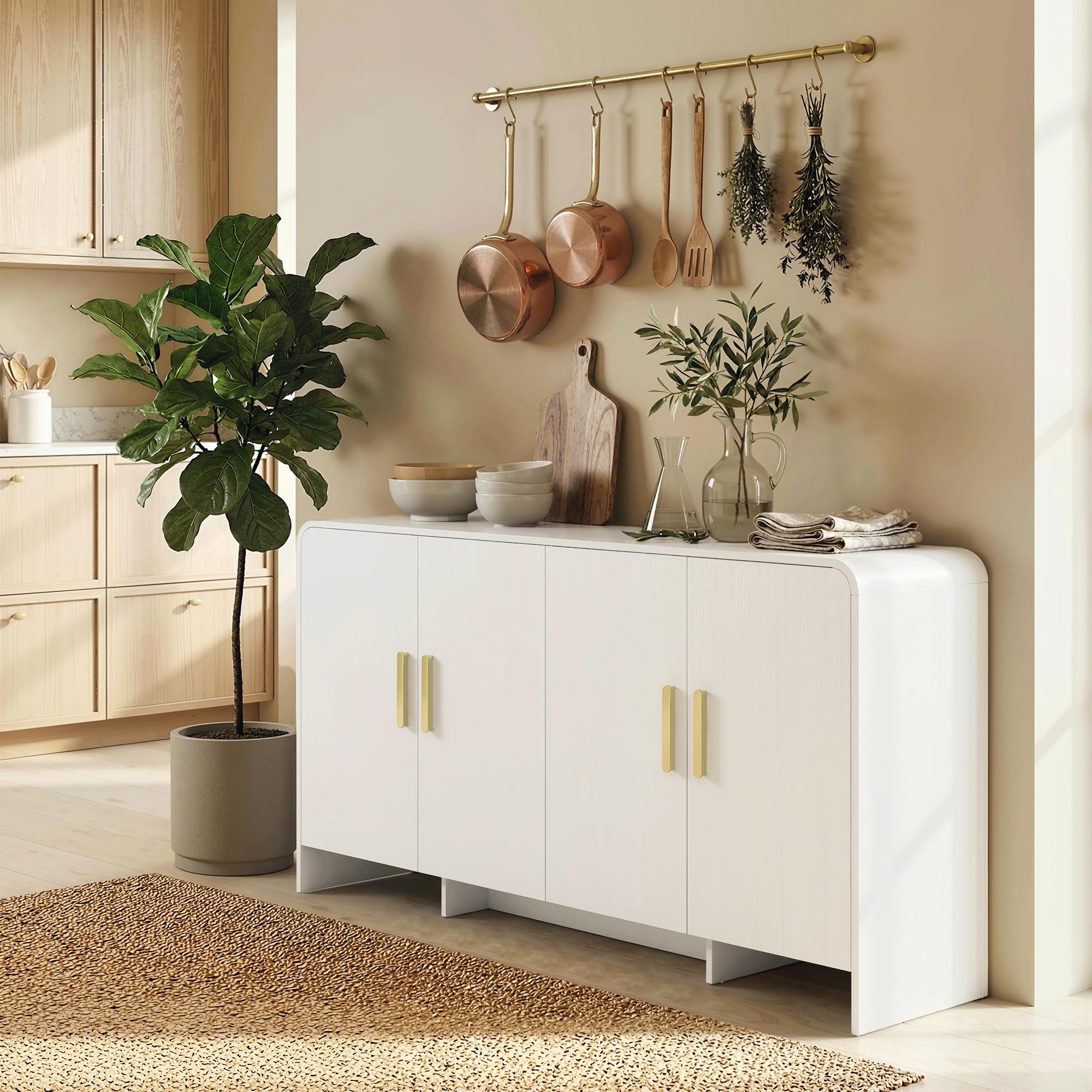 HOMCOM Aparador de Cocina, Armario de Cocina con 4 Estantes, 4 Puertas de Cierre Suave, Bordes Redondeados, Aparador para Comedor, Mueble para TV de 72 Pulgadas, 152x40x80 cm, Blanco